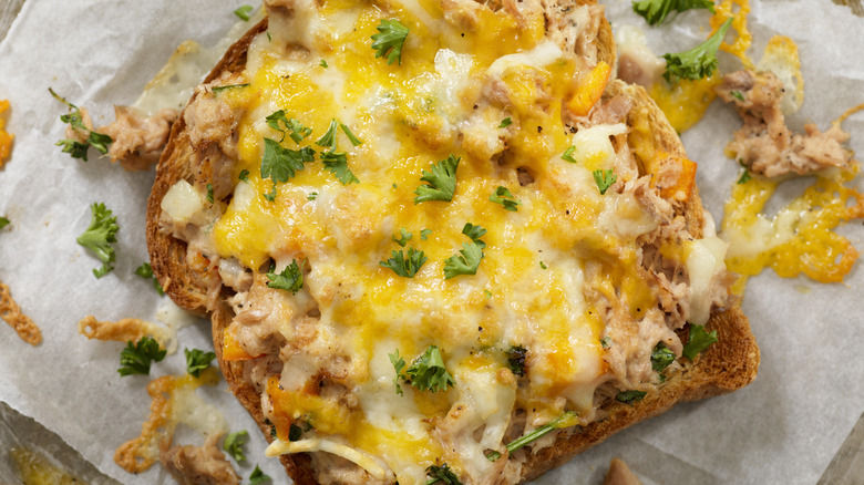 Open-faced tuna melt sandwich