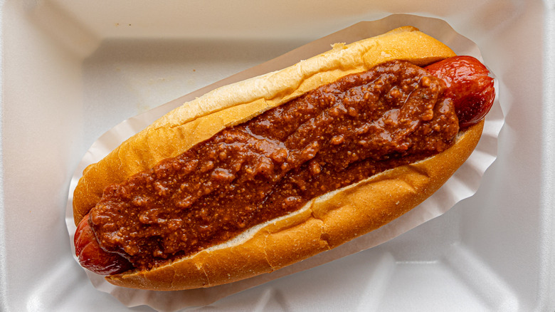 A basic chili dog with smooth chili on top