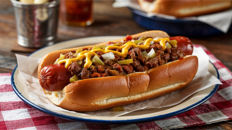 A chili dog with cheese and pickles