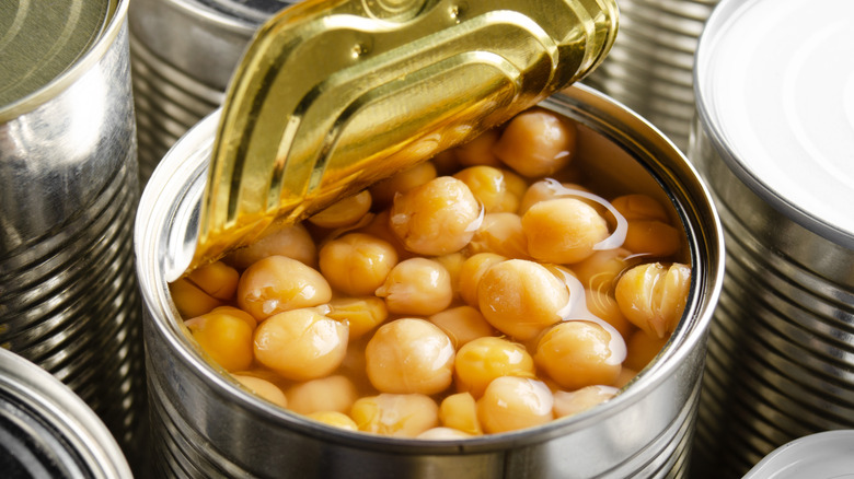 Partially opened can of chickpeas