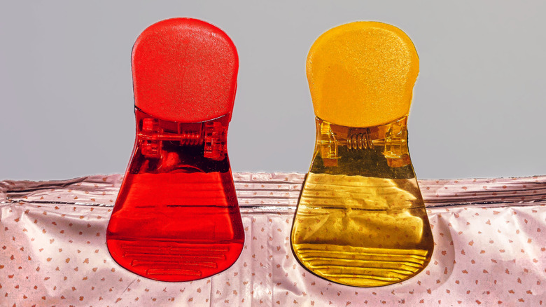 Two chip clips on a bag