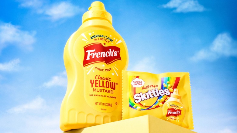 French's mustard bottle and Skittles