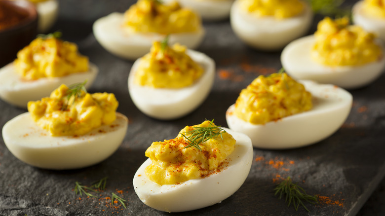 Close-up of deviled eggs on a platter