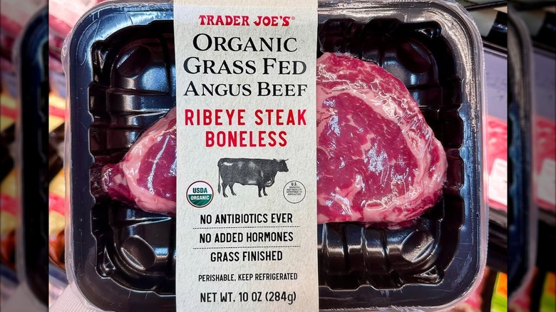 Package of Trader Joe's Organic Grass Fed Angus Beef Ribeye Steak Boneless