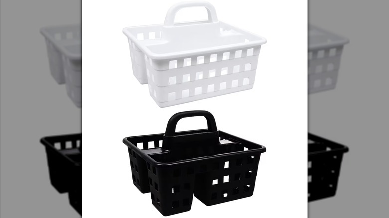 Two 3-compartment plastic caddies, in black and white