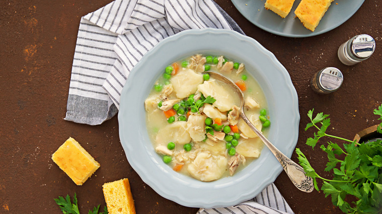 Chicken and flat dumpling soup with cornbread