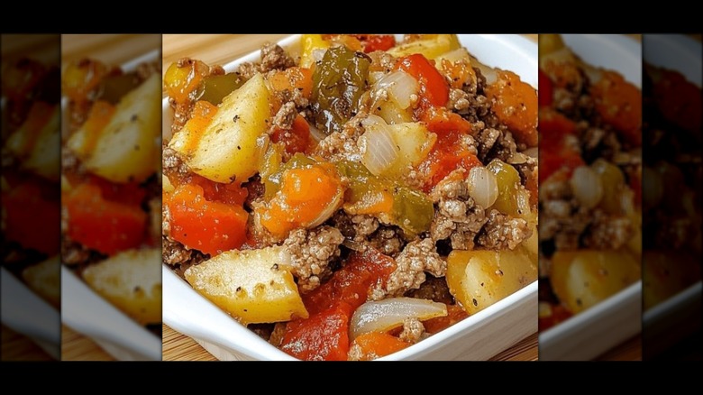 Dolly Parton's finished casserole in a white casserole dish