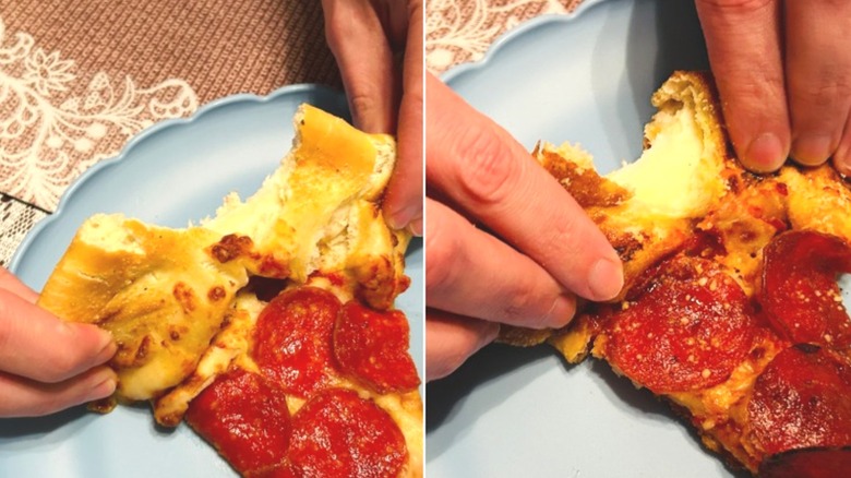Domino's and Pizza Hut crusts broken open side by side to show stuffing