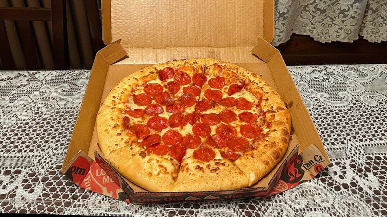 Close up view of Pizza Hut's pizza inside the box