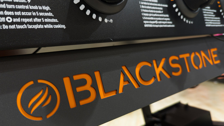 Closeup of the Blackstone logo on a grill