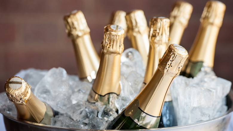 Champagne bottles in a bucket of ice.