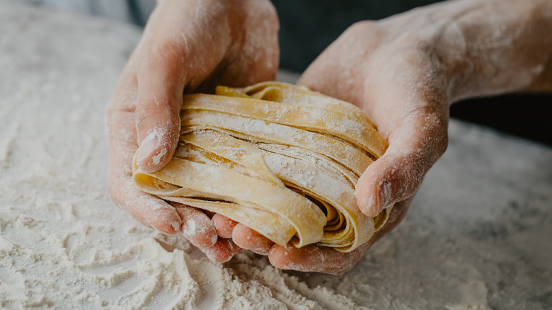 Hands holding fresh pasta noodles