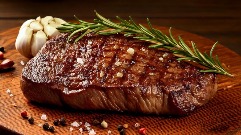 Steak resting on wooden board, with bulb of garlic and sprig of rosemary