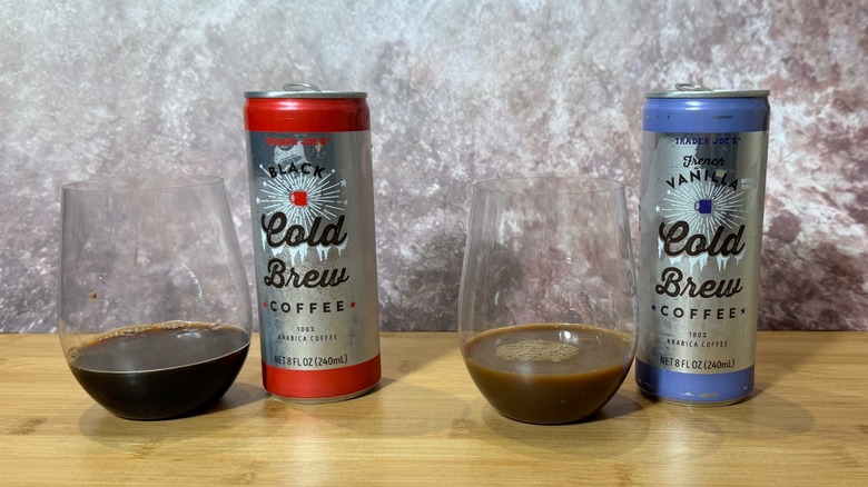 Cans of Trader Joe's Cold Brew and glasses of coffee