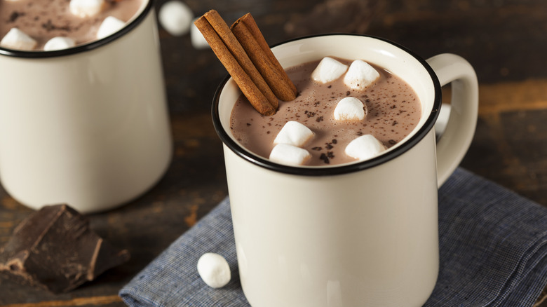 A mug of hot chocolate with cinnamon sticks and mini marshmallows