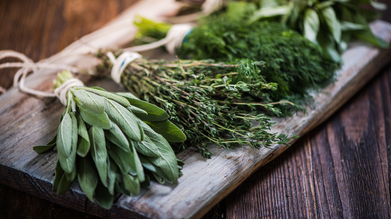 fresh herbs on a cutting board