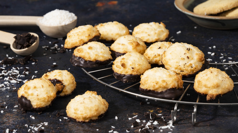 Coconut and chocolate macaroons on cooling rack