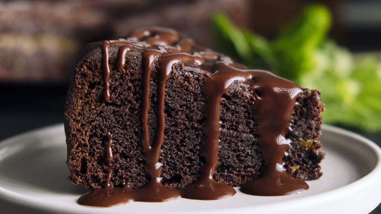 Chocolate cake with chocolate icing drizzle