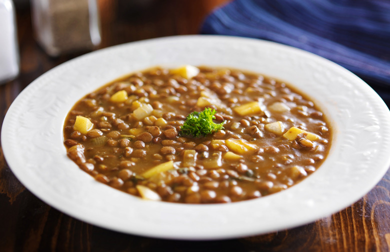 French Lentil Soup with Sweet Potato Croutons