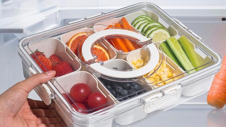 Hand holding snack tray with fruits and veggies inside
