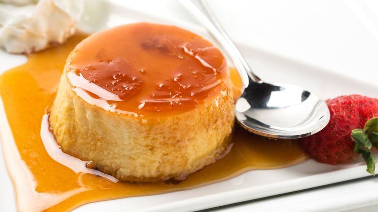 Closeup of flan with spoon