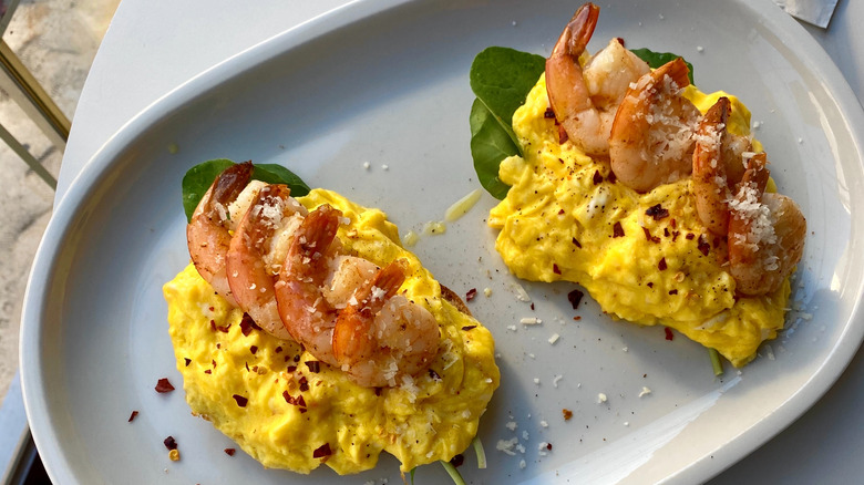 egg tartine with shrimp