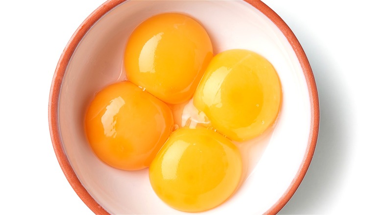 Egg yolks in white bowl 