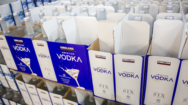 large costco store display of kirkland brand vodka bottles
