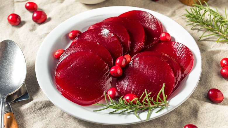 Plate of sliced jellied cranberry sauce