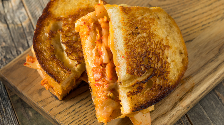 Kimchi grilled cheese on a board