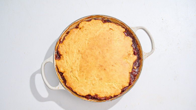 baked cornbread on top of bean casserole