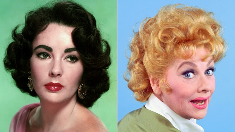 A headshot of Elizabeth Taylor against a green background on the left and one of Lucille Ball in front of a sky blue background on the right