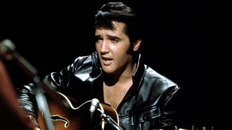 Rock and roll musician Elvis Presley performing on the Elvis comeback TV special on June 27, 1968.