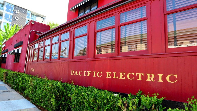 Exterior of the Formosa Cafe, showing the iconic trolley car.