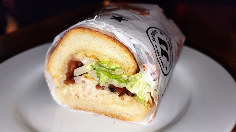 Jimmy John's Chicken Bacon Ranch sandwich on white plate