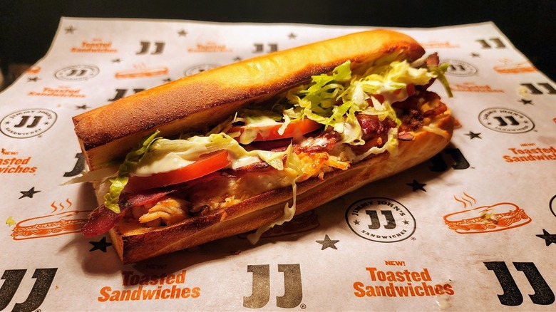 Jimmy John's Chicken Bacon Ranch sandwich on company wrapping