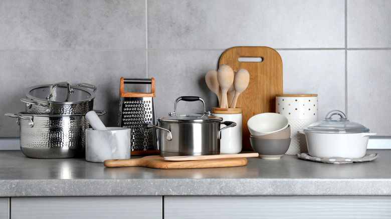 cooking equipment on kitchen counter