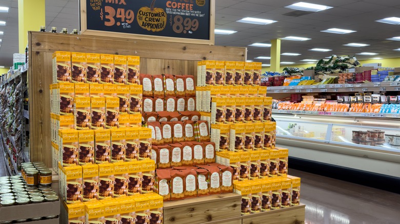 A Trader Joe's display for pumpkin bread and coffee inside the store