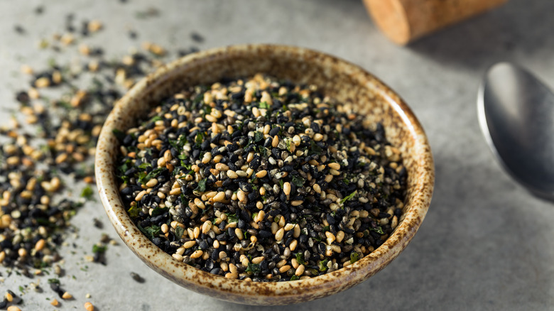 A small bowl of furikake on table