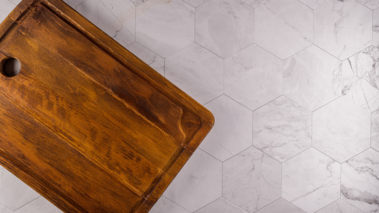 Cutting board on a stone countertop