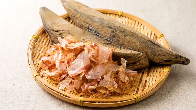 Katsuobushi flakes on bamboo dish