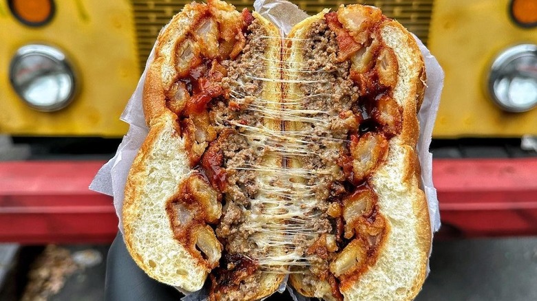 Cheesy meaty sandwich in wrapper