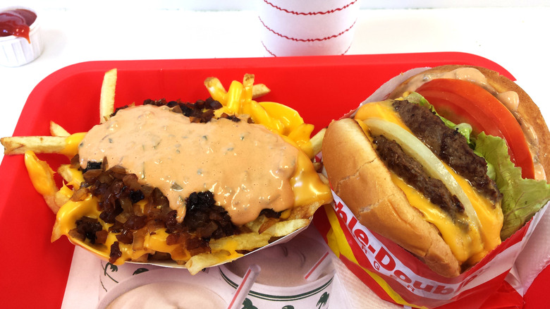 a red tray with animal style fries and a double double from In-N-Out