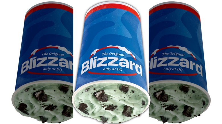 The Mint Oreo Blizzard Treat at Dairy Queen hanging upside down
