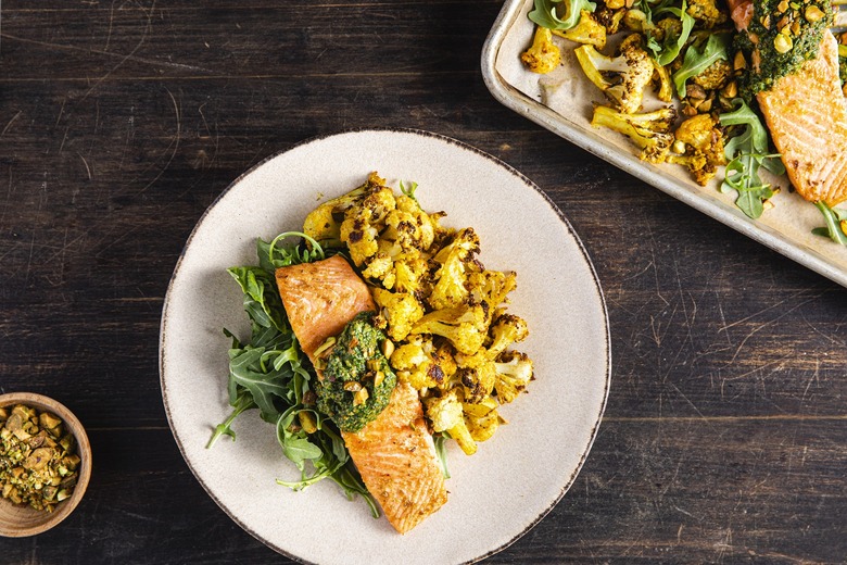 Roasted Wild Salmon & Spiced Cauliflower With Pistachio-Arugula Pesto