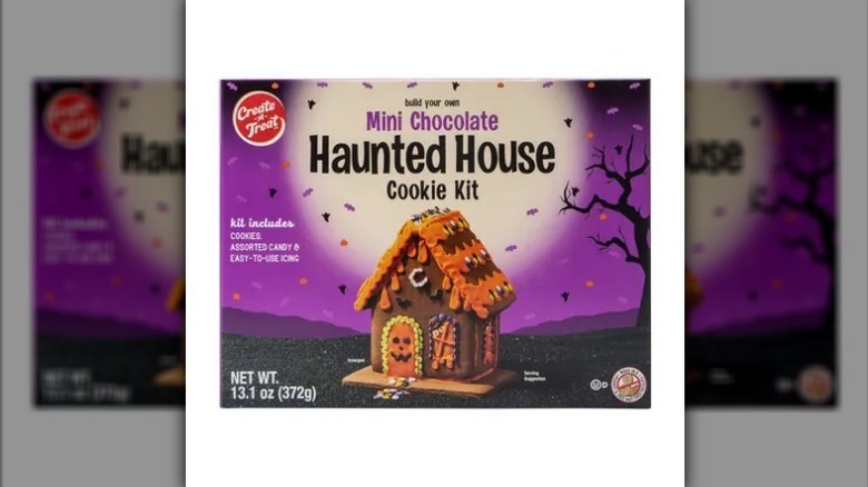 Mini chocolate haunted house cookie kit on white background
