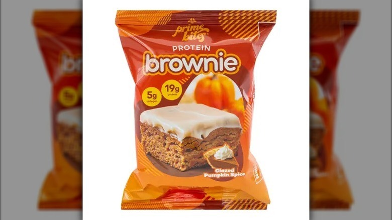 Prime Bites pumpkin spice protein brownie on white background