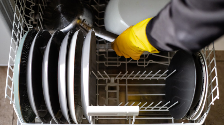 Gloved hand loading pans into bottom rack of dishwasher