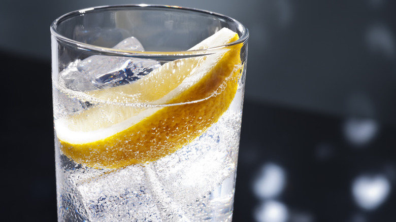 Glass of club soda with lemon wedge