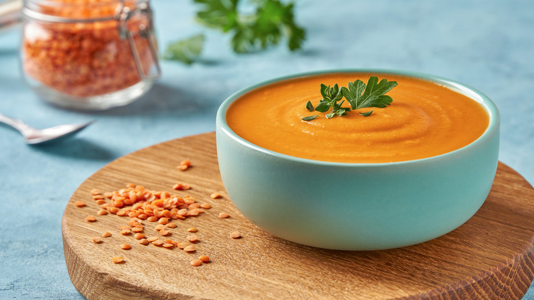 lentil soup in blue bowl 